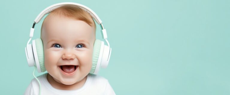 Imagem de capa. Fundo azul claro. À frente o rosto de um bebê sorrindo usando fones de ouvido branco com espumas azuis claras. Fim da descrição.