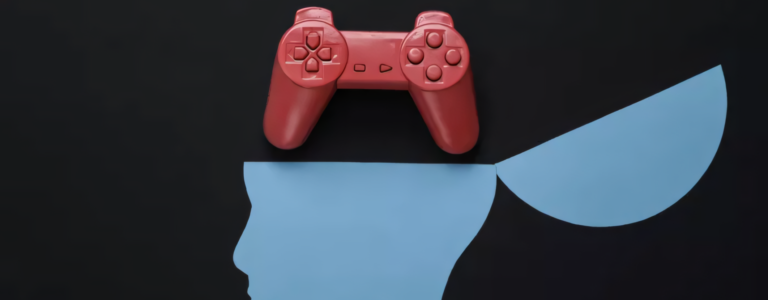 Representação de uma cabeça abrindo e saindo um controle de videogame de dentro